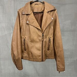 Max Studio's tan faux leather jacket (size L) for chic and eco-friendly style.